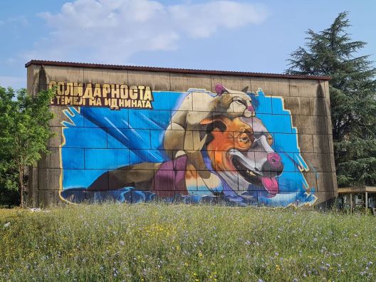 Мурал за солидарност на руинираниот Дом на култура во Ченто