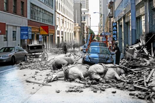Комбинирани фотографии од земјотресот во 1906 година и денешниот изглед на Сан Франциско